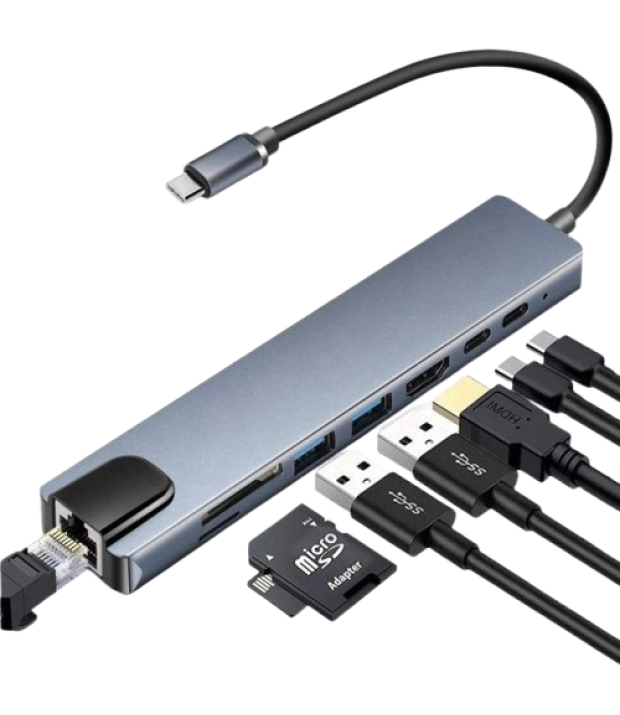 USB-HUB 8 in 1 Type-C 4K HDMI+PD+USB-C+USB 3.0+RJ45