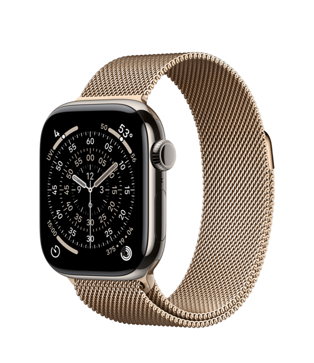 Apple Watch Series 11 GPS + Cellular 46mm Natural Titanium Case with Gold Milanese Loop - S/M (MFAY4+MGJ44)