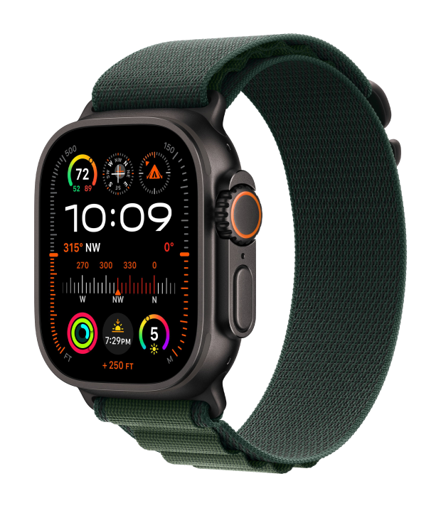 Apple Watch Ultra 2 2024 49mm LTE Black Titanium Case with Dark Green Alpine Loop - Medium (MX4R3)